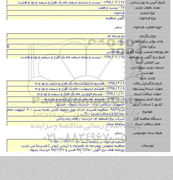 ش/۹۸/۳۸- مناقصه فشرده احداث تونل  خطوط کابلی تغذیه پست ۴۰۰ کیلوولت  امام رضا (ع) و ارتباطی پست ۴۰۰ ...