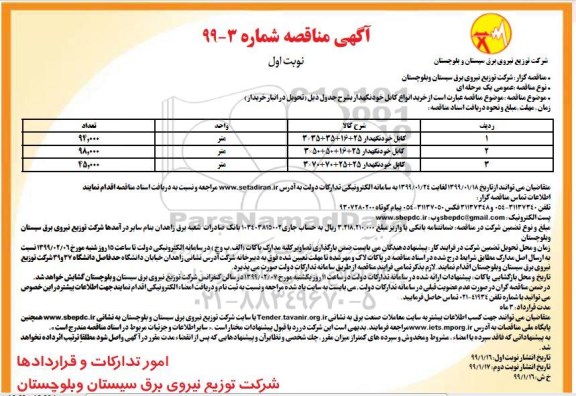 مناقصه, مناقصه خرید انواع کابل خودنگهدار