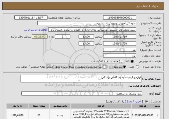 استعلام لوازم و کیتهای آزمایشگاهی پزشکی 