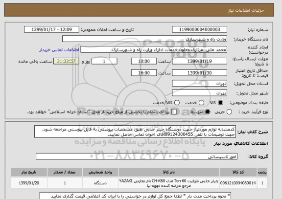 استعلام کدمشابه لوازم موردنیاز جهت دوستگاه چیلر جذبی طبق مشخصات پیوستی به فایل پیوستی مراجعه شود.
جهت توضیحات با تلفن 09124300455آقای اخوان تماس حاصل نمایید.