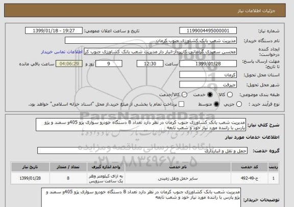 استعلام مدیریت شعب بانک کشاورزی جنوب کرمان در نظر دارد تعداد 8 دستگاه خودرو سواری پژو 405و سمند و پژو پارس با راننده مورد نیاز خود و شعب تابعه 