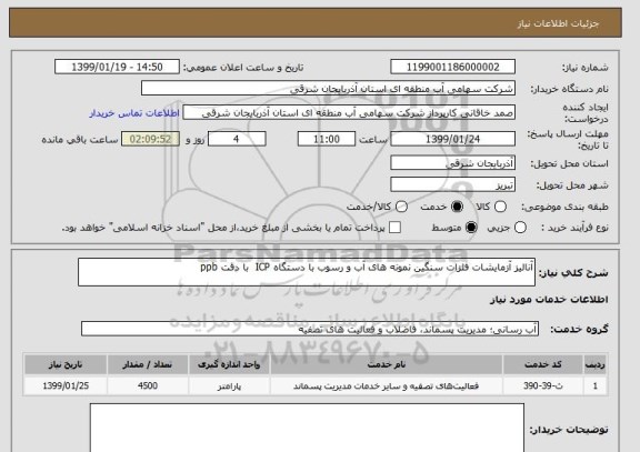 استعلام آنالیز آزمایشات فلزات سنگین نمونه های آب و رسوب با دستگاه ICP  با دقت ppb