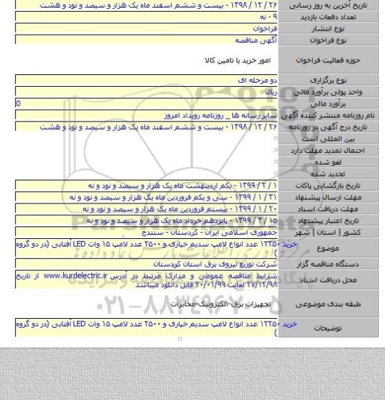 خرید  ۱۲۲۵۰ عدد انواع لامپ سدیم خیاری و ۲۵۰۰ عدد لامپ ۱۵ وات LED آفتابی (در دو گروه )