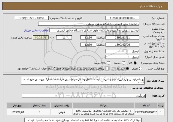 استعلام پولیشر توسن وتراز لیزری لاینر و غیره ... لیست کامل وسایل درخواستی در قسمت مدارک پیوستی درج شده است