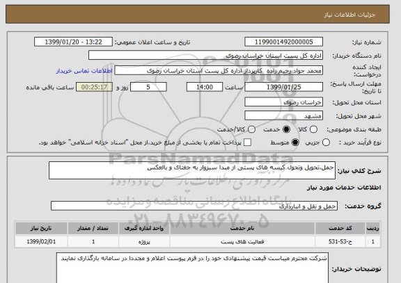 استعلام حمل،تحویل وتحول کیسه های پستی از مبدا سبزوار به جغتای و بالعکس