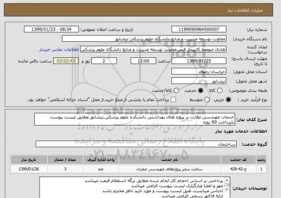 استعلام خدمات مهندسی نظارت بر پروژه های بهداشتی دانشکده علوم پزشکی نیشابور مطابق لیست پیوست باپرداخت 60 روزه