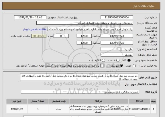 استعلام دو دست میز نهار خوری 8 نفره -هفت دست میز نهار خوری 6 نفره-یک دست مبل راحتی 8 نفره .((مطابق فایل پیوست میباشد)) 