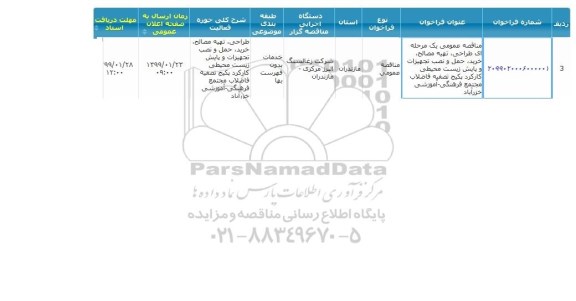 مناقصه ، مناقصه طراحی، تهیه مصالح، خرید، حمل ، نصب تجهیزات و پایش زیست محیطی