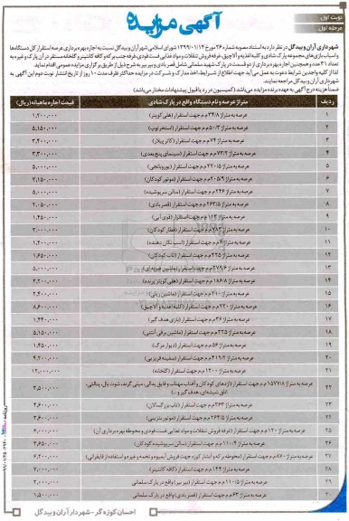 مزایده , مزایده اجاره بهره برداری صرفا عرصه استقرار کل دستگاه ها و اسباب بازی ...