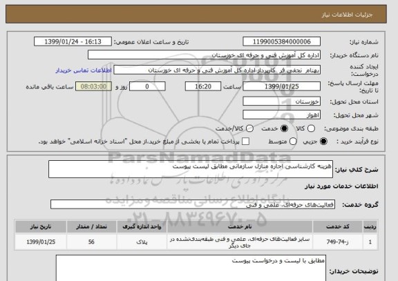 استعلام هزینه کارشناسی اجاره منازل سازمانی مطابق لیست پیوست 