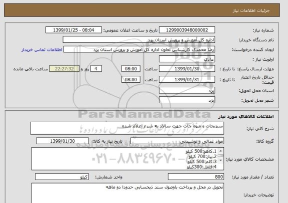 استعلام سبزیجات و میوه جات جهت سالاد به شرح اعلام شده