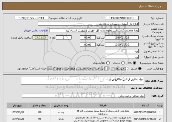 استعلام مواد غذایی از قبیل:ماکارونی و...