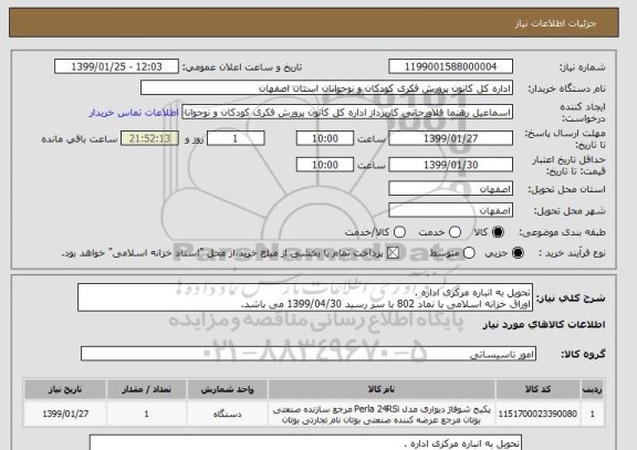 استعلام تحویل به انباره مرکزی اداره .
اوراق خزانه اسلامی با نماد 802 با سر رسید 1399/04/30 می باشد.