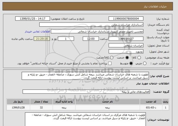 استعلام اولویت با شعبه های خراسان شمالی میباشد .بیمه شامل اتش سوزی - صاعقه -انفجار - حریق -و زلزله و سیل میباشد. بر اساس لیست پیوست ارائه قیمت گردد.