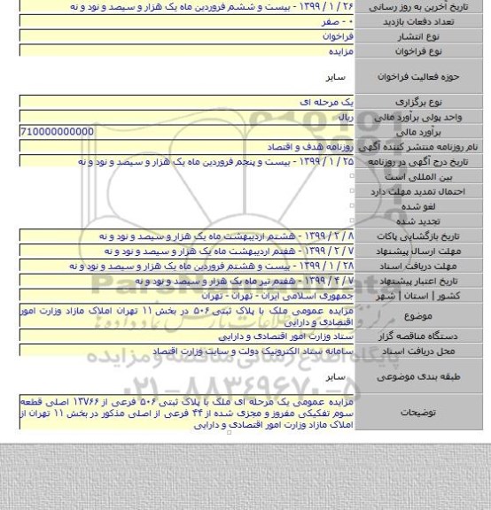 مزایده عمومی ملک با پلاک ثبتی ۵۰۶ در بخش ۱۱ تهران املاک مازاد وزارت امور اقتصادی و دارایی