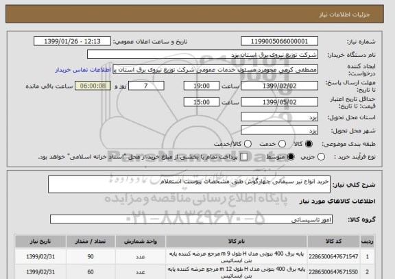 استعلام خرید انواع تیر سیمانی چهارگوش طبق مشخصات پیوست استعلام 