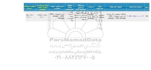 مناقصه خرید تجهیزات san stoage- nas storage 