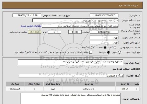 استعلام مشاوره و نظارت بر استانداردسازی زیرساخت فیزیکی مرکز داده