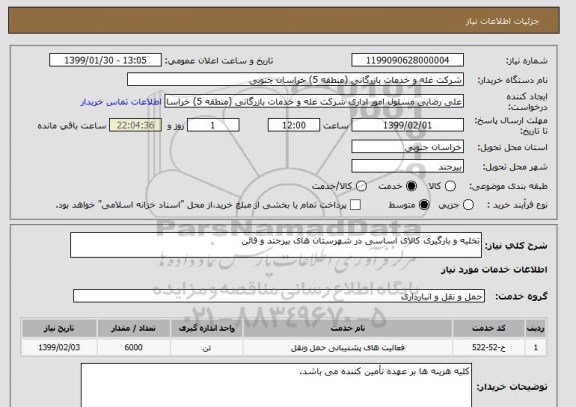 استعلام تخلیه و بارگیری کالای اساسی در شهرستان های بیرجند و قائن