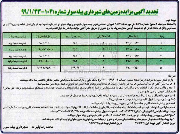 مزایده،مزایده فروش شش قطعه زمین با کاربری مسکونی شماره 104 نجدید 