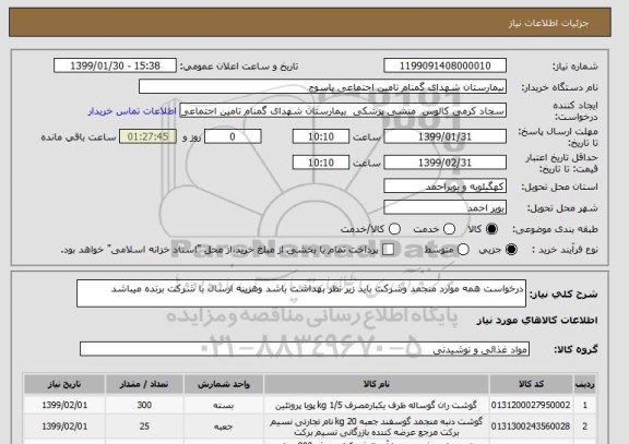 استعلام درخواست همه موارد منجمد وشرکت باید زیر نظر بهداشت باشد وهزینه ارسال با شرکت برنده میباشد 