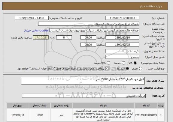 استعلام کابل خود نگهدار 25*2 به مقدار 15000 متر