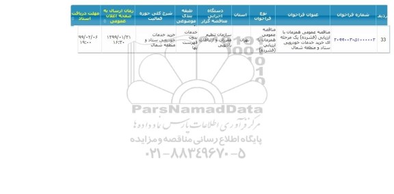 مناقصه عمومی, مناقصه  خدمات خودرویی ستاد و منطقه شمال 