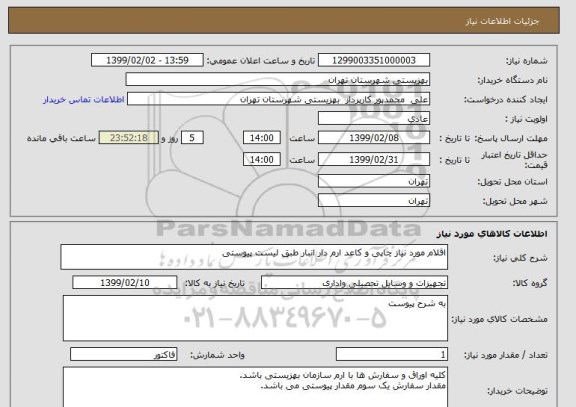 استعلام اقلام مورد نیاز چاپی و کاعد ارم دار انبار طبق لیست پیوستی