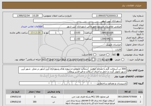 استعلام 300 تن آسفالت گرم با مصالح کوهی  آسفالت تحویلی در پروژه های شهرداری آرین شهر در محل  شهر آرین شهر تحویل گردد و حمل و اجرای آسفالت و قیر قشر پریمکت