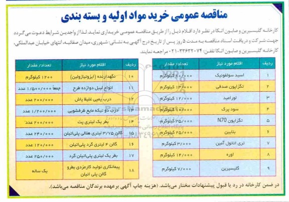 مناقصه ، مناقصه خرید مواد اولیه و بسته بندی شامل اسید سولفونیک و ...