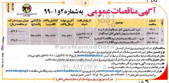 مناقصه, مناقصه خرید کلمپ انتهایی کابل خودنگهدار 5 و 6... 