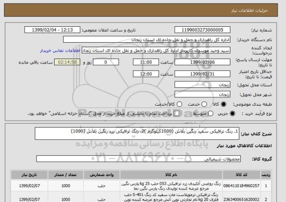 استعلام 1. رنگ ترافیکی سفید رنگین بلاش (1000کیلوگرم )2. رنگ ترافیکی زرد رنگین بلاش (1000)