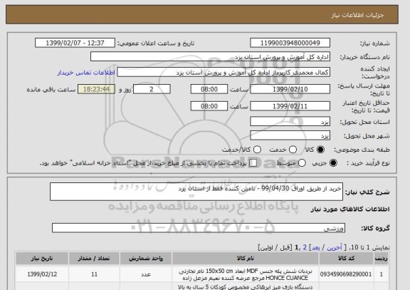 استعلام خرید از طریق اوراق 99/04/30 - تامین کننده فقط از استان یزد 