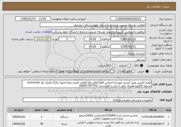 استعلام لوازم التحریر طبق لیست پیوست-اجناس فقط اصلی وبا کیفیت قیمت داده شود- مارک ماژیک ها snowman- تسویه 60روزه-هزینه حمل تا انبار با فروشنده -09307797740