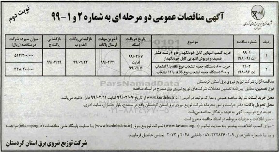 مناقصه, مناقصه خرید کلمپ انتهایی کابل خودنگهدار 5 و 6...  نوبت دوم