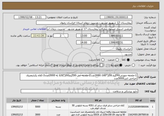 استعلام 1-ملحفه صورتی40گرم 250*160 3000عدد2-ملحفه ابی 50گرم200*120 به 2000عدد3-کلاه یکبارمصرف جراحی ابی5000عدد