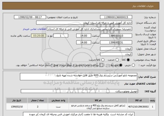 استعلام مجموعه تابلو آموزشی سیستم برق 405 طبق فایل خواسته شده تهیه شود.