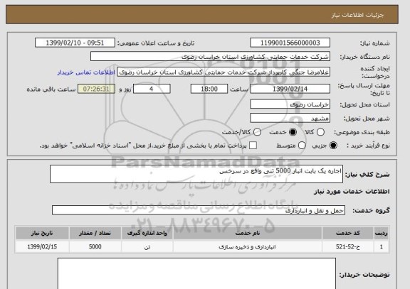 استعلام اجاره یک بابت انبار 5000 تنی واقع در سرخس