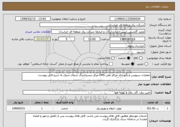 استعلام عملیات سرویس و نگهداری مراکز تلفن DNS مرکز دیسپاچینگ شمال شرق به شرح فایل پیوست.