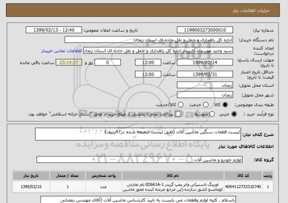 استعلام لیست قطعات سنگین ماشین آلات (طبق لیست ضمیمه شده در47ردیف)