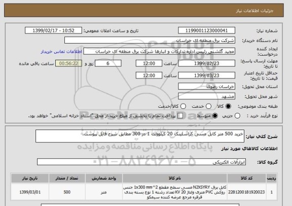 استعلام خرید 500 متر کابل مسی کراسلینک 20 کیلوولت 1 در 300 مطابق شرح فایل پیوست.