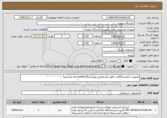 استعلام تجهیزات آزمایشگاهی  طبق مشخصات پیوستی(کدکالامشابه میباشد)