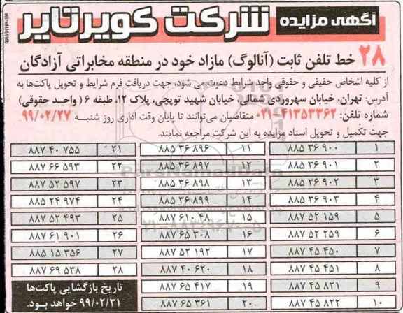 مزایده ،مزایده فروش 28 خط تلفن ثابت (آنالوگ)