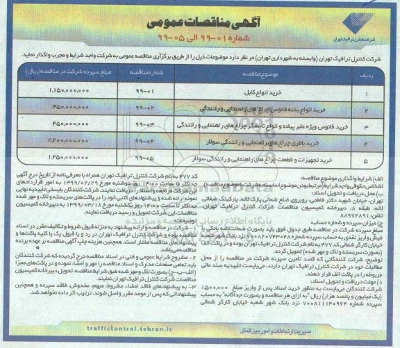 مناقصه خرید انواع کابل	 و ... 