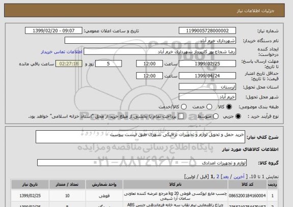 استعلام خرید حمل و تحویل لوازم و تجهیزات ترافیکی شهری طبق لیست پیوست