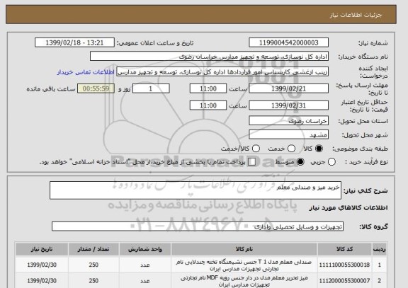 استعلام خرید میز و صندلی معلم 