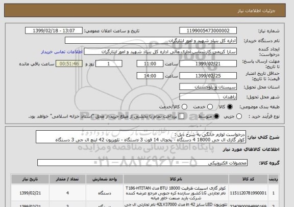 استعلام درخواست لوازم خانگی به شرح ذیل :
کولر گازی ال جی 18000 4 دستگاه - یخچال 14 فوت 3 دستگاه - تلویزیون 42 اینچ ال جی 3 دستگاه