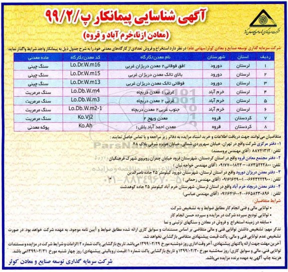 آگهی شناسایی پیمانکار ، آگهی شناسایی پیمانکار جهت استخراج و فروش تعدادی از کارگاه های معدنی