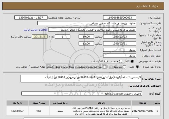 استعلام لایسنس یکساله آپگرید ایمیل سرور Axigenبرای 2000کاربر پریمیوم و  2000کاربر بیسیک