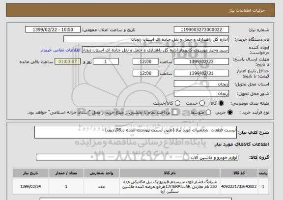 استعلام لیست قطعات  وتعمیرات مورد نیاز (طبق لیست پیوست شده در98ردیف)